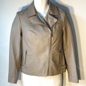 A.N.A. SZ S Gray Taupe Faux Leather Moto Jacket Wardrobe Staple Academia Retro